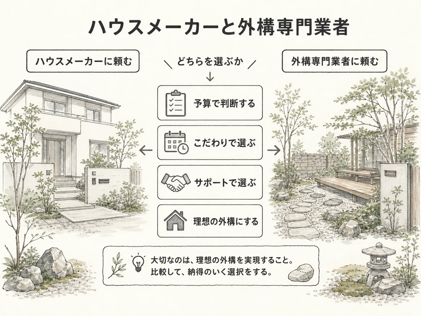 姫路 新築のハウスメーカーと外構専門業者、どちらに頼むべきかを表す図解イラスト