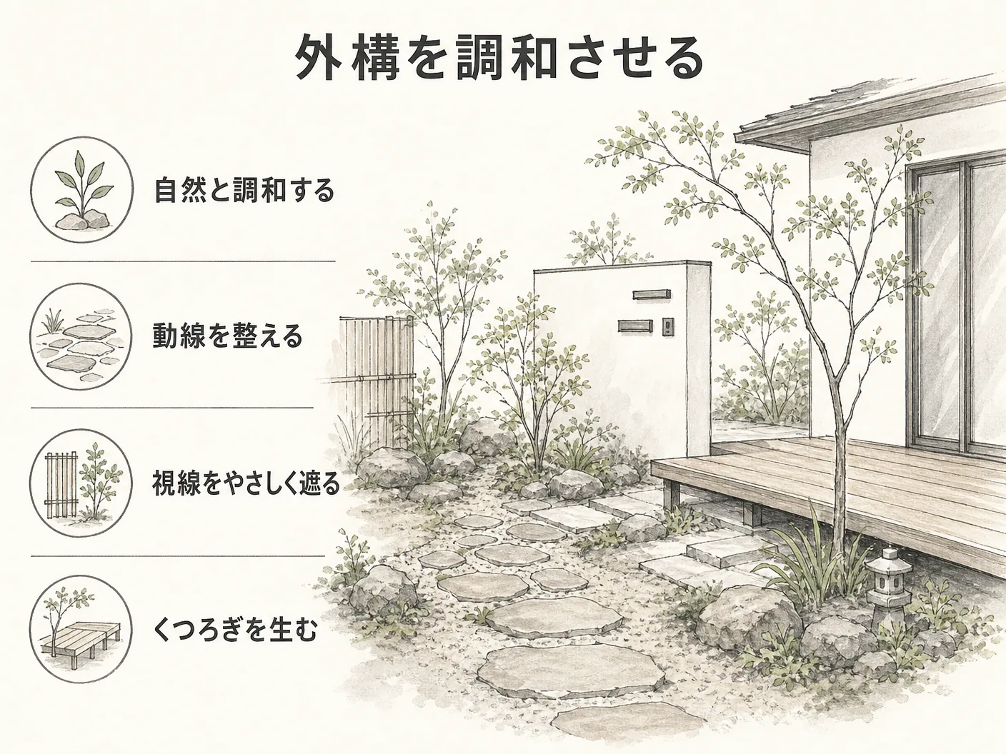 姫路 造園の外構・エクステリアとの組み合わせ提案を表す図解イラスト