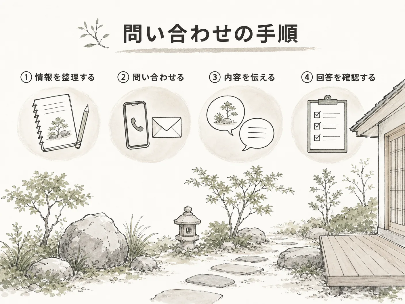 姫路の地元造園業者への問い合わせ方法を表す図解イラスト