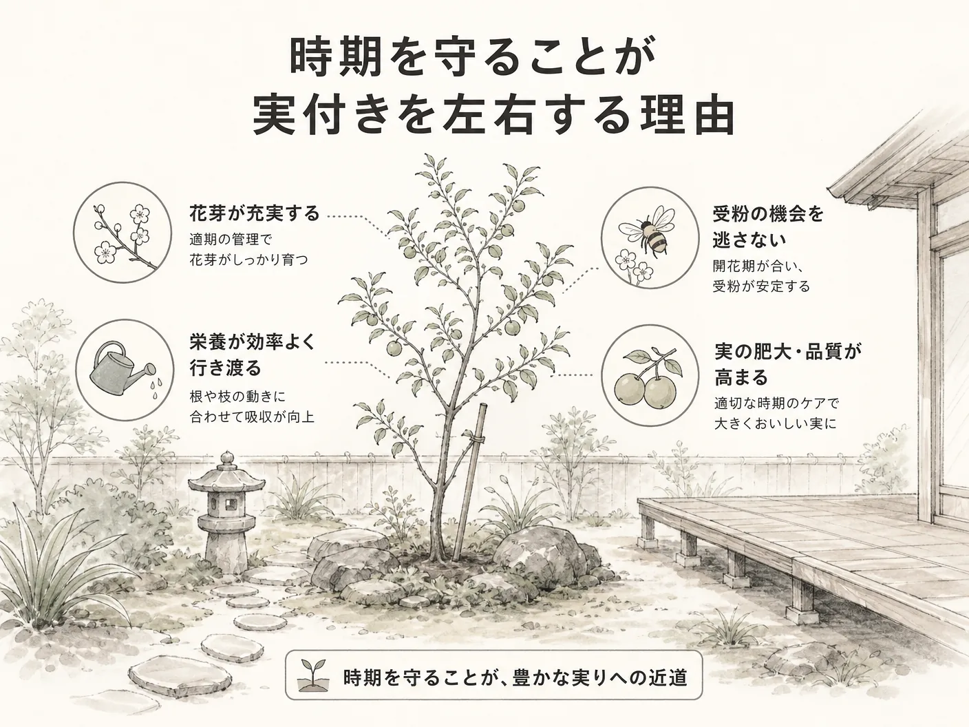 ジューンベリー 剪定の時期を守ることが実付きを左右する理由を表す図解イラスト