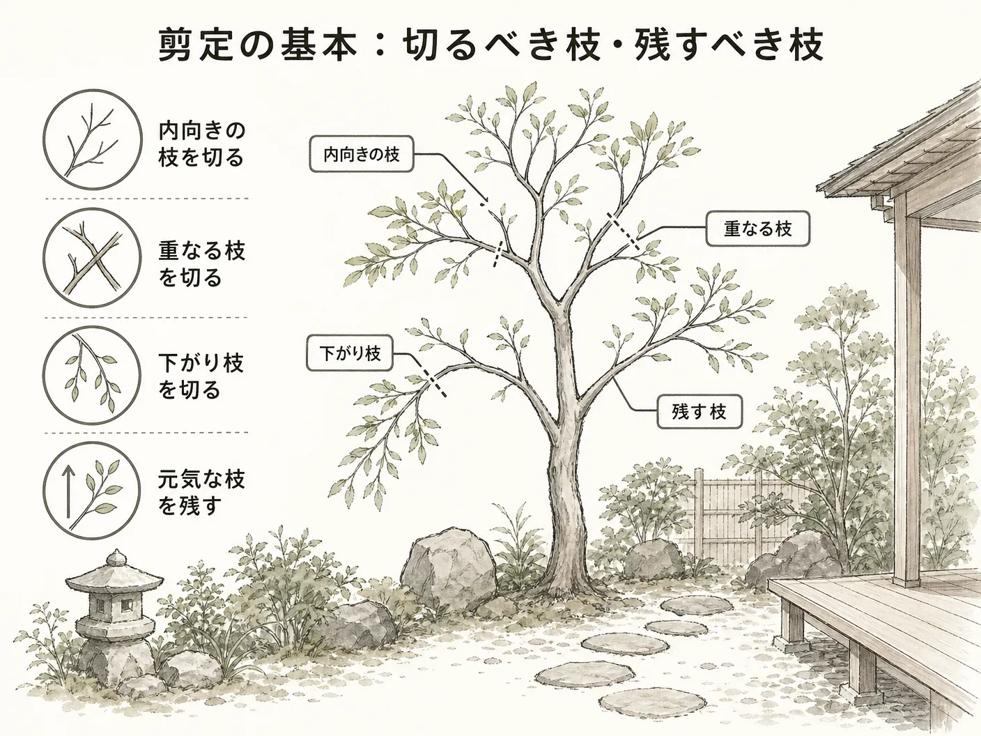 ジューンベリー 時期の剪定の基本:切るべき枝・残すべき枝を表す図解イラスト