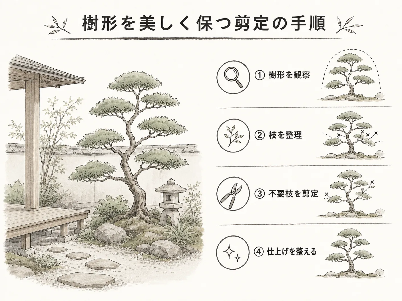 ジューンベリー 時期の樹形を美しく保つ剪定の手順を表す図解イラスト