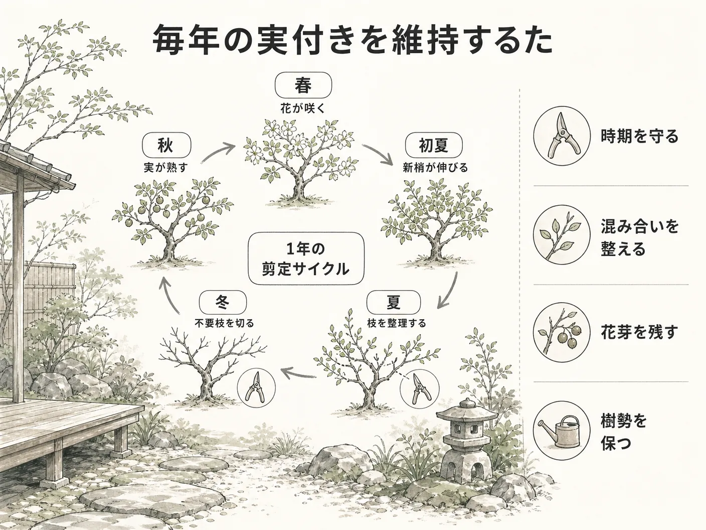 ジューンベリー 時期の毎年の実付きを維持するための剪定サイクルを表す図解イラスト