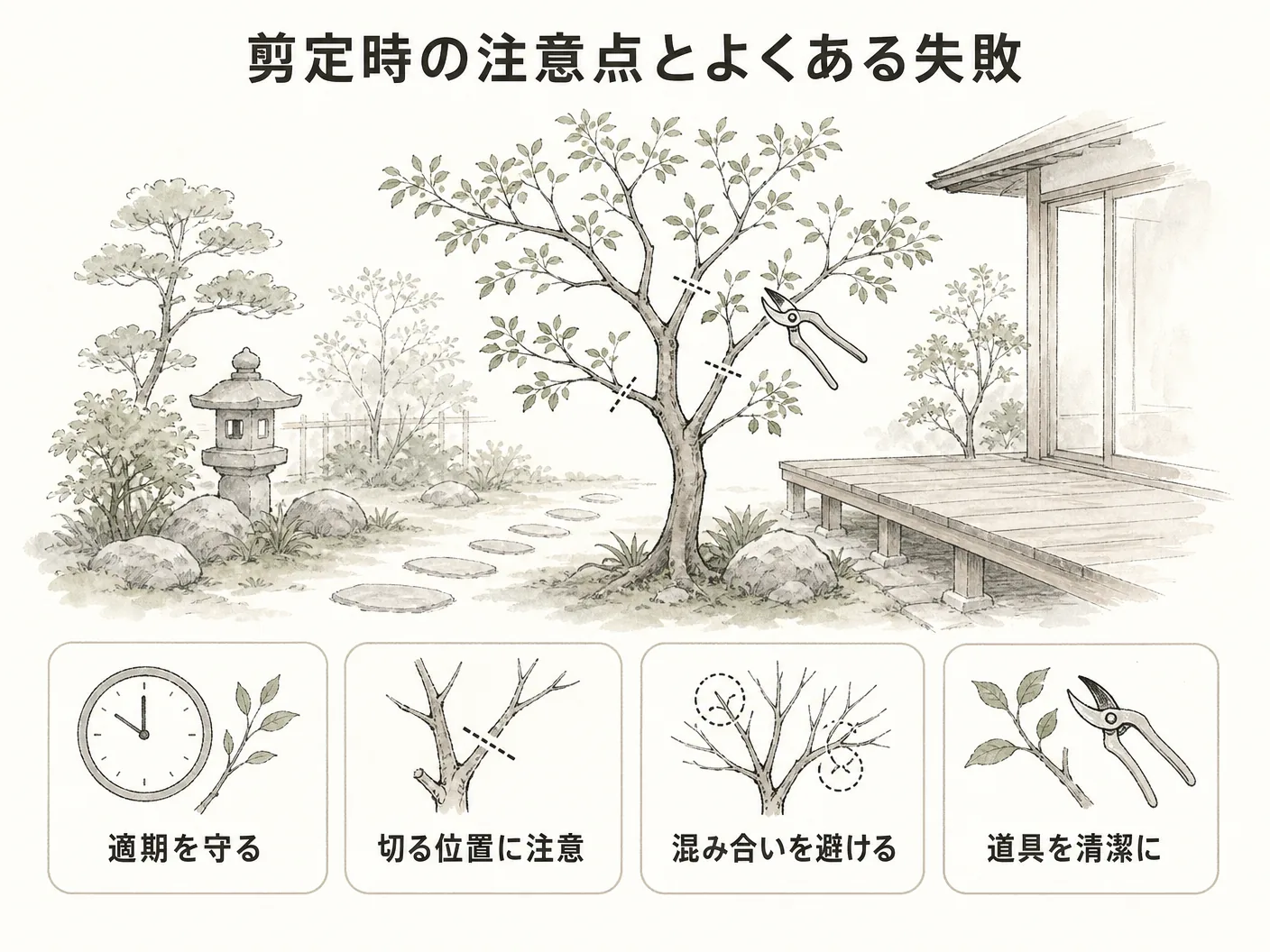 ジューンベリー 時期の剪定時の注意点とよくある失敗を表す図解イラスト