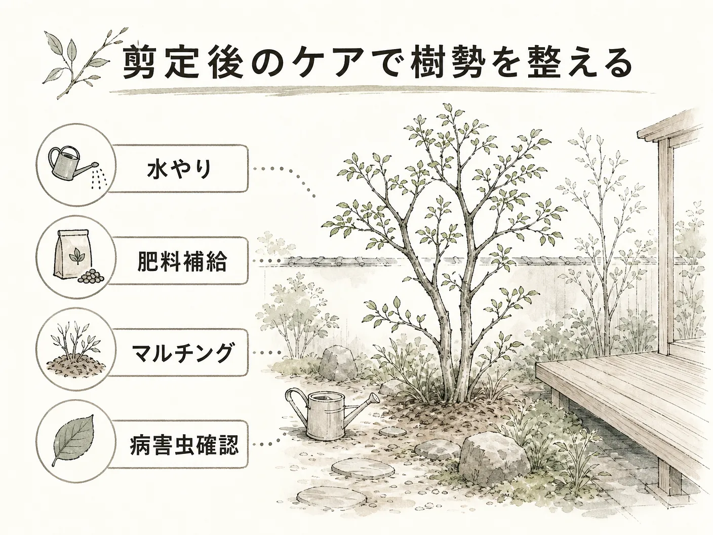ジューンベリー 時期の剪定後のケアで樹勢を整えるを表す図解イラスト