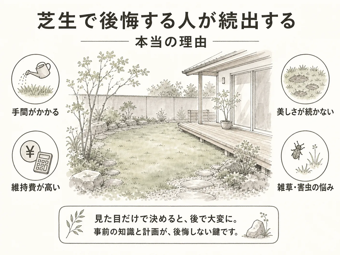 管理の芝生で後悔する人が続出する本当の理由を表す図解イラスト