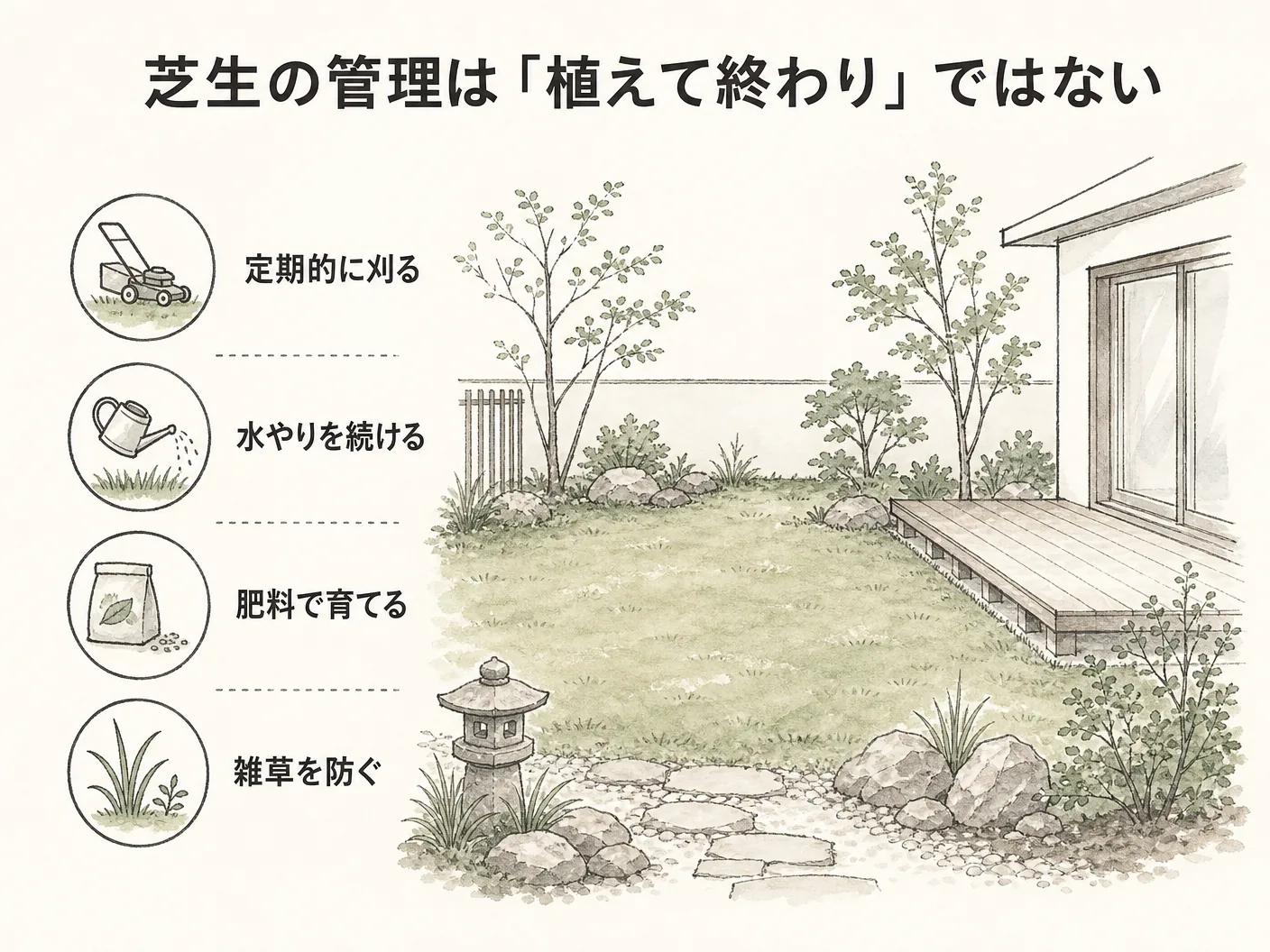 後悔の芝生の管理は「植えて終わり」ではないを表す図解イラスト