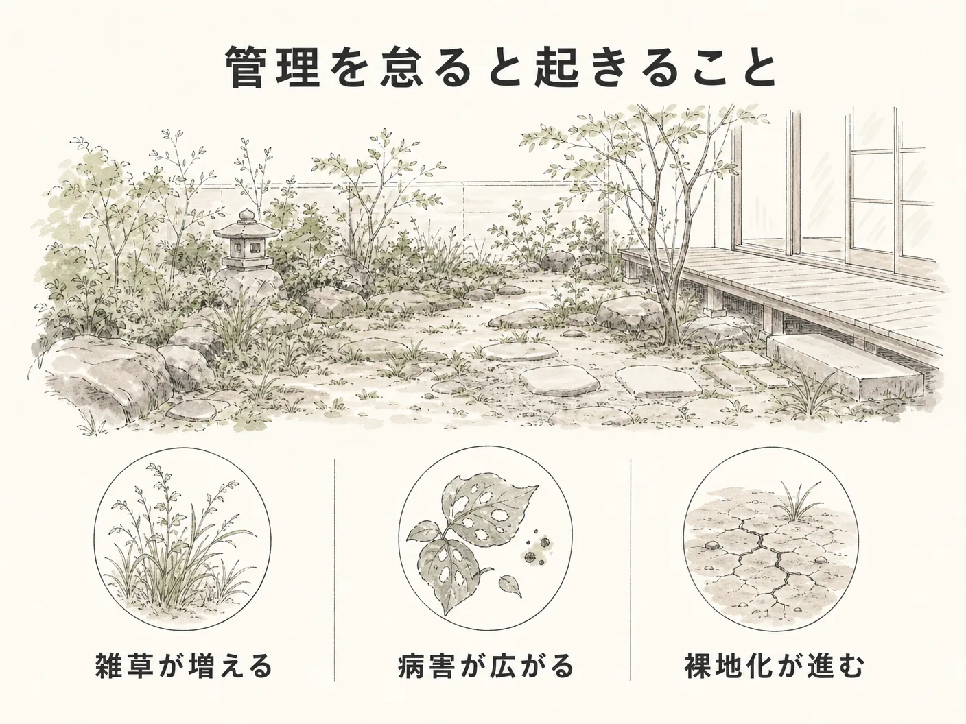 芝生 後悔の管理を怠ると起きること──雑草・病害・裸地化を表す図解イラスト