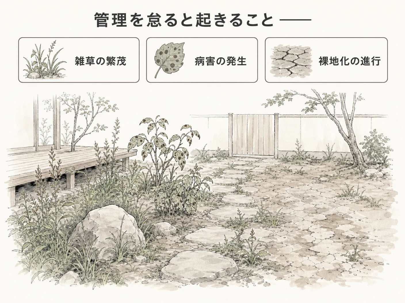 芝生 後悔の管理を怠ると起きること──雑草・病害・裸地化を表す図解イラスト