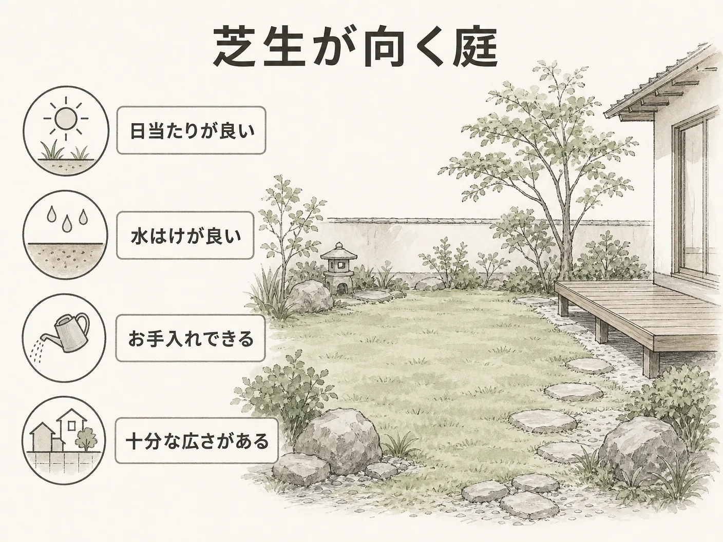 管理 後悔の芝生が向く庭・向かない庭の条件チェックを表す図解イラスト