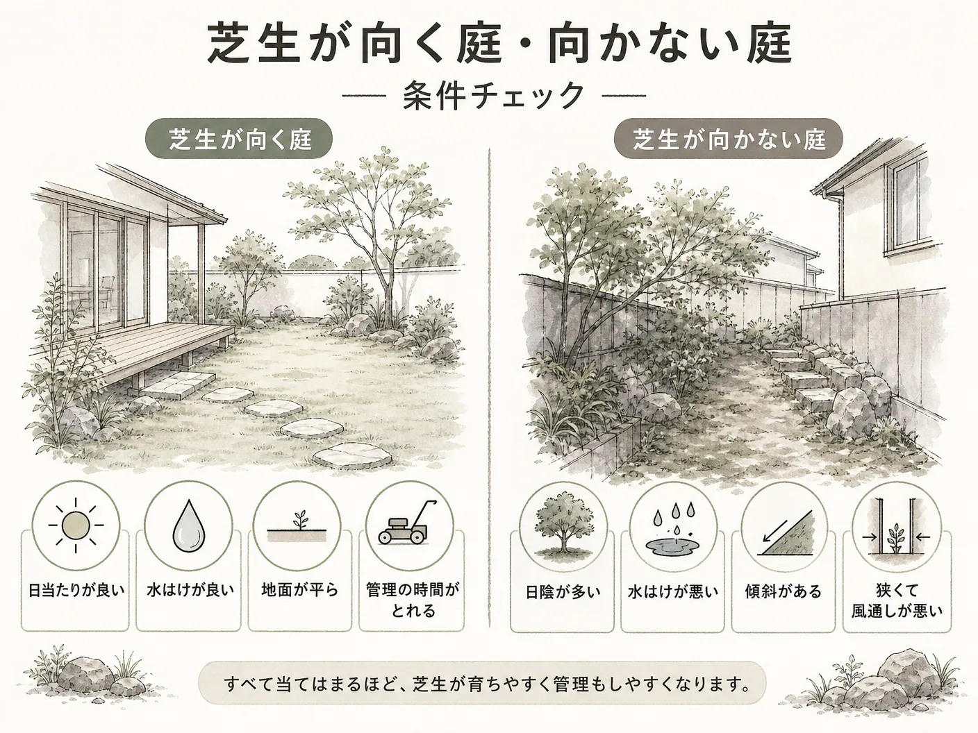 管理 後悔の芝生が向く庭・向かない庭の条件チェックを表す図解イラスト