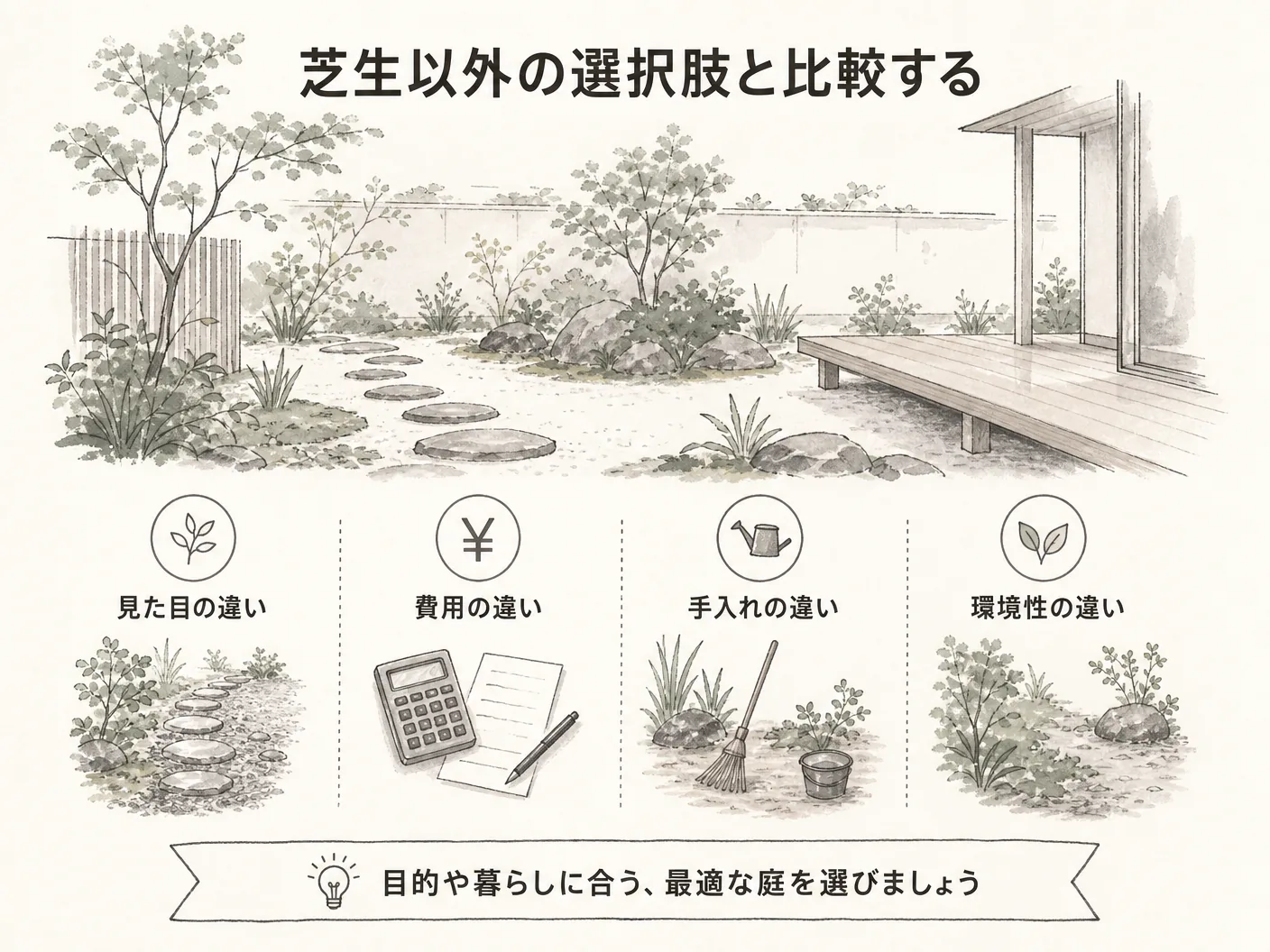 管理 後悔の芝生以外の選択肢と比較するを表す図解イラスト