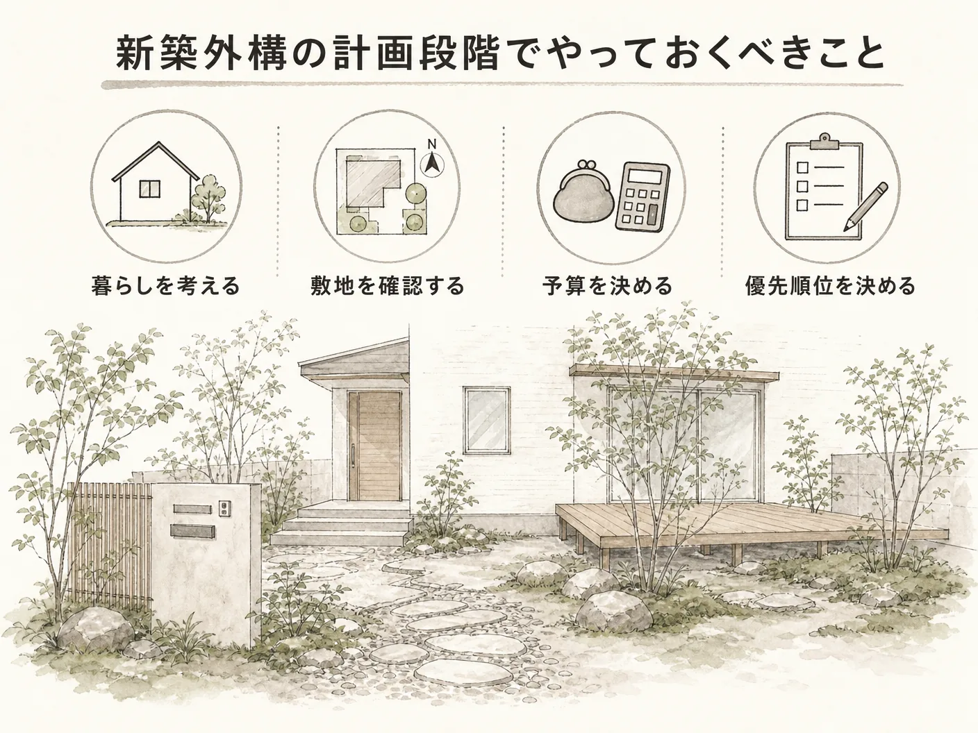 芝生 管理 後悔の新築外構の計画段階でやっておくべきことを表す図解イラスト
