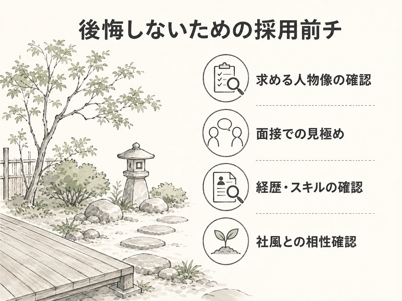 芝生 管理の後悔しないための採用前チェックリストを表す図解イラスト