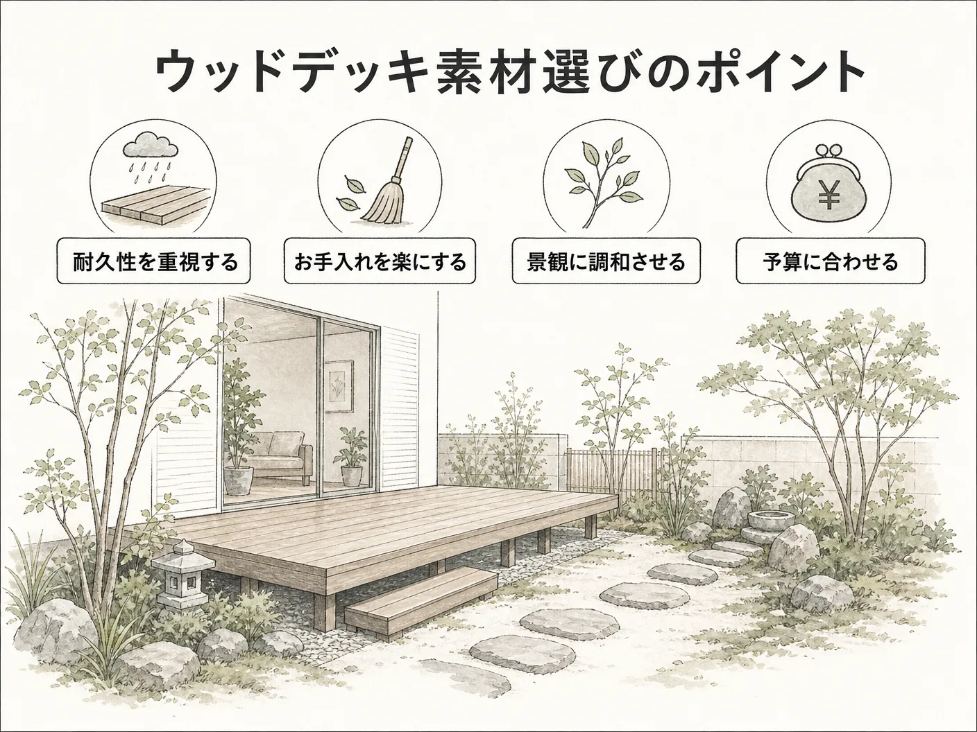 人工木の新築外構でウッドデッキ素材を選ぶことの重要性を表す図解イラスト