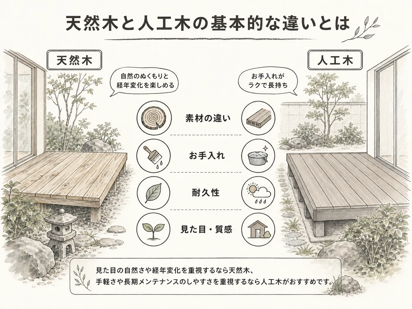 新築 ウッドデッキの天然木と人工木の基本的な違いとはを表す図解イラスト