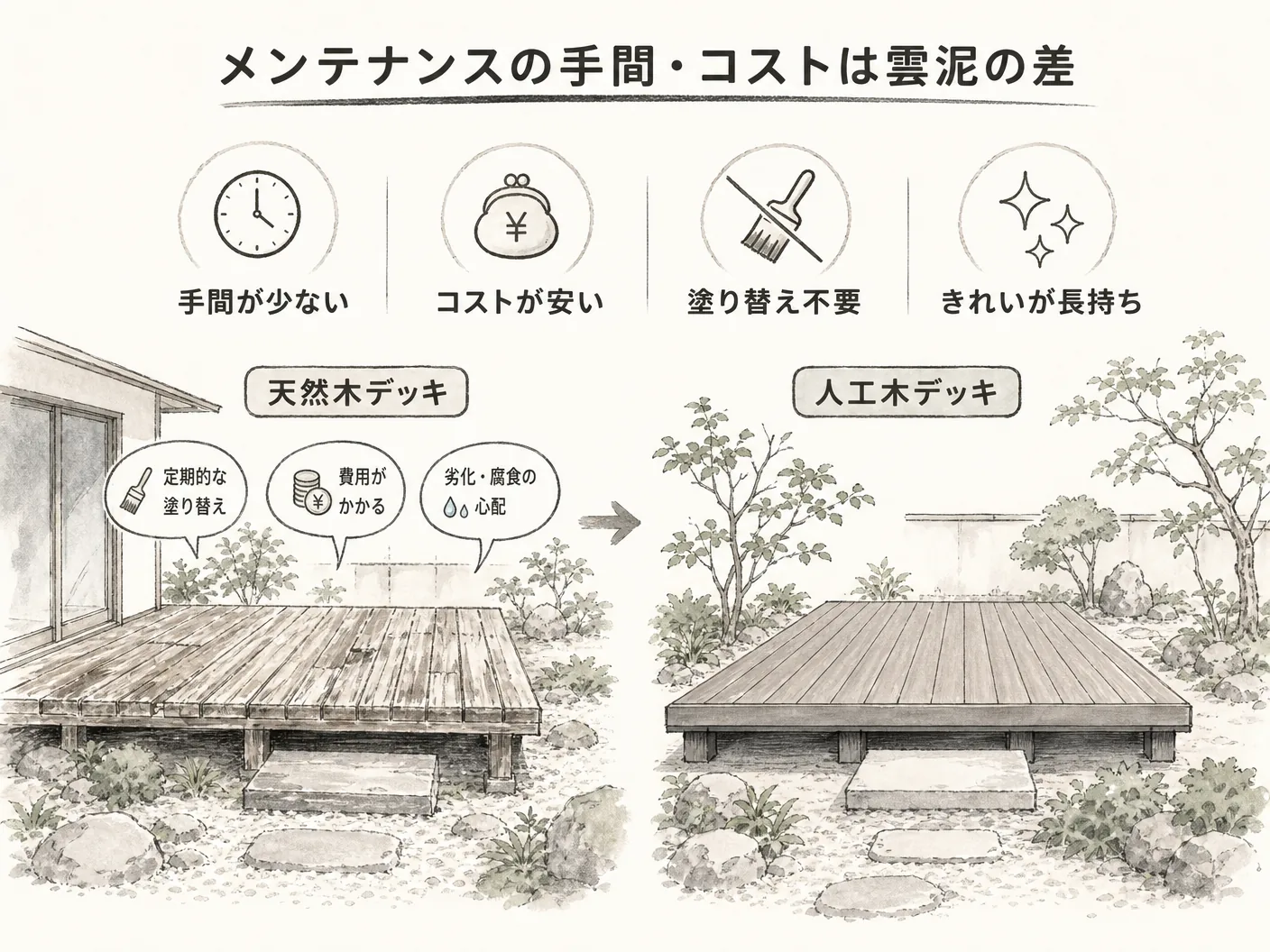 新築 ウッドデッキ 人工木のメンテナンスの手間・コストは天然木と雲泥の差を表す図解イラスト