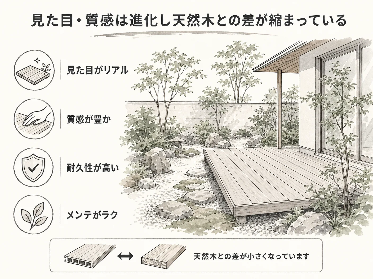 新築 ウッドデッキ 人工木の見た目・質感は進化し天然木との差が縮まっているを表す図解イラスト