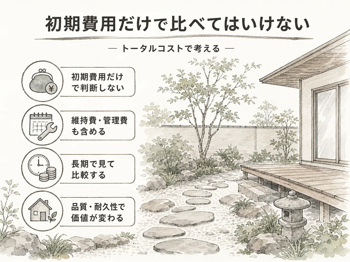 新築 ウッドデッキ 人工木の初期費用だけで比べてはいけない:トータルコストで考えるを表す図解イラスト
