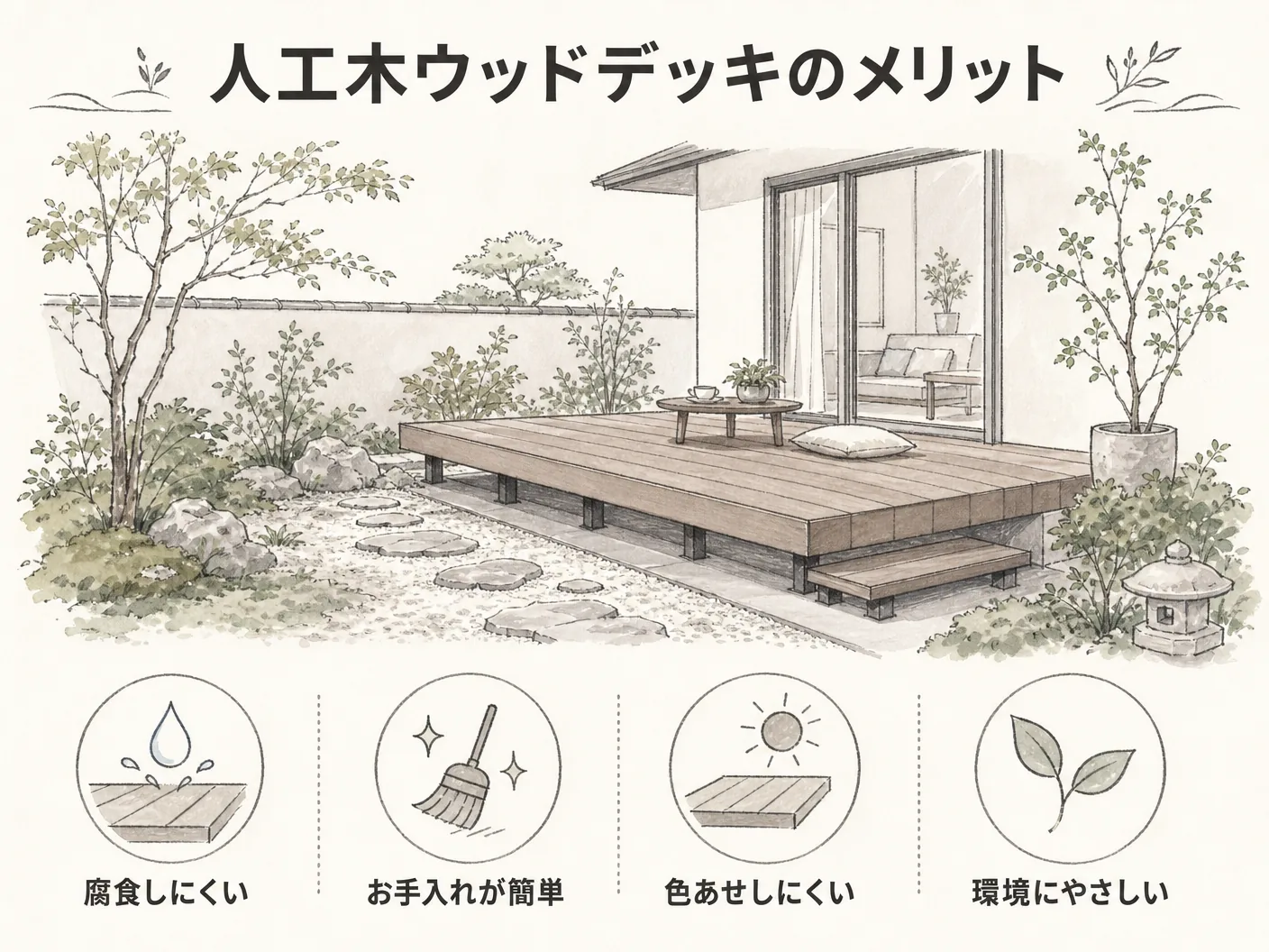 新築外構で人工木ウッドデッキを選ぶべき理由まとめを表す図解イラスト