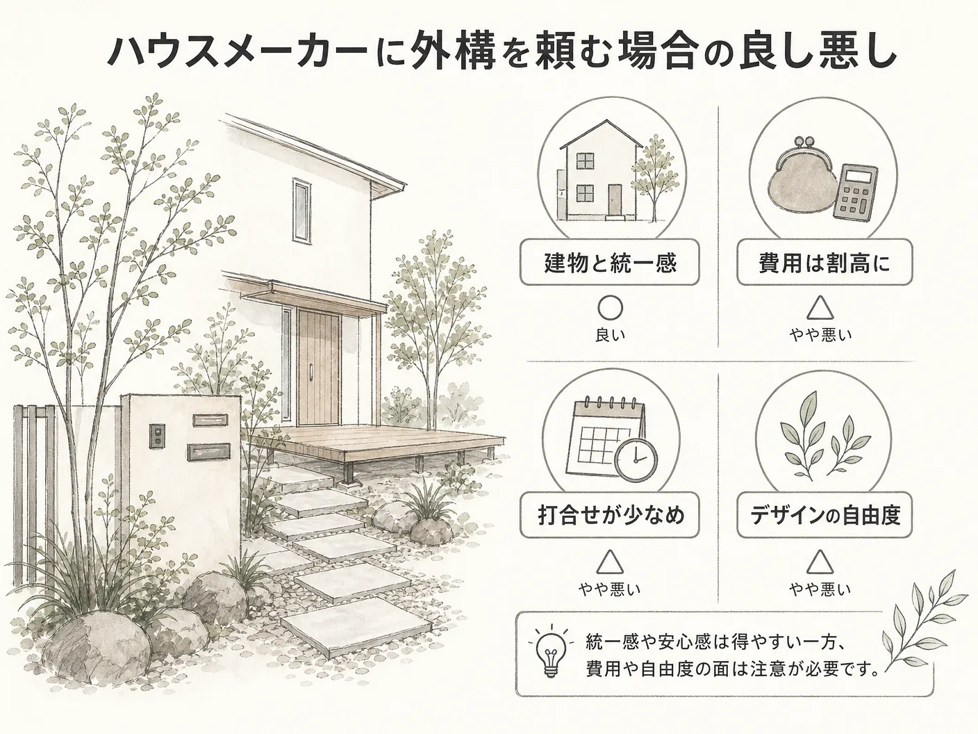 新築 別業者のハウスメーカーに外構を頼む場合の良し悪しを表す図解イラスト