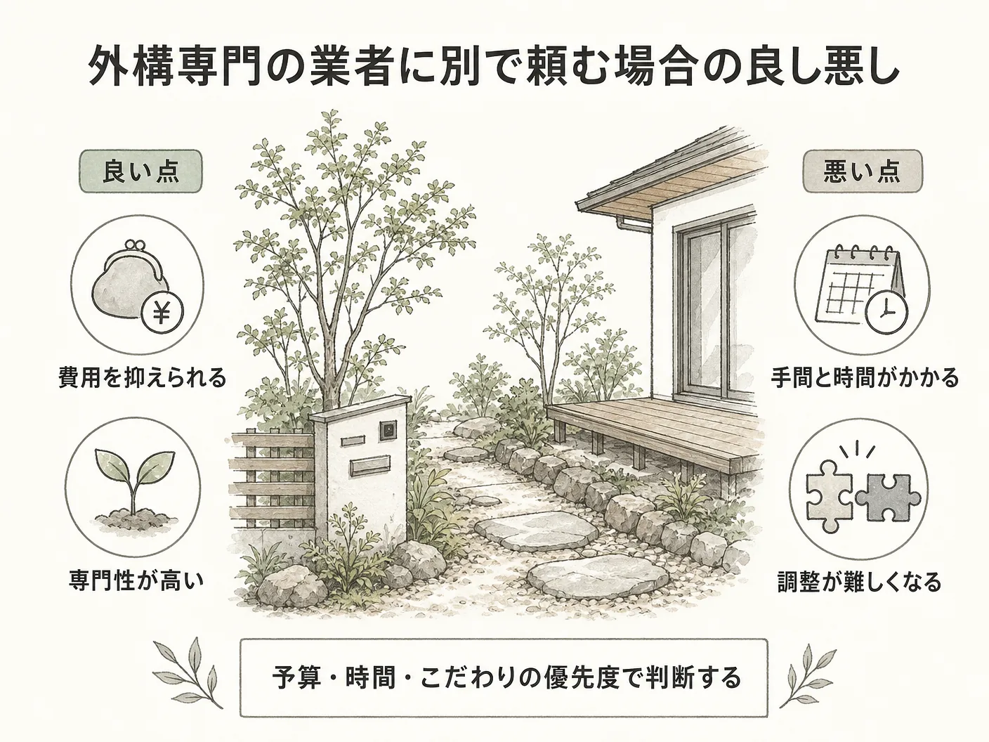 新築 別業者の外構専門の業者に別で頼む場合の良し悪しを表す図解イラスト