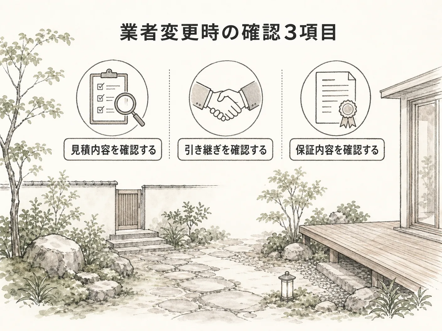 新築 外構の別業者にするときに必ず確認したい3つのことを表す図解イラスト