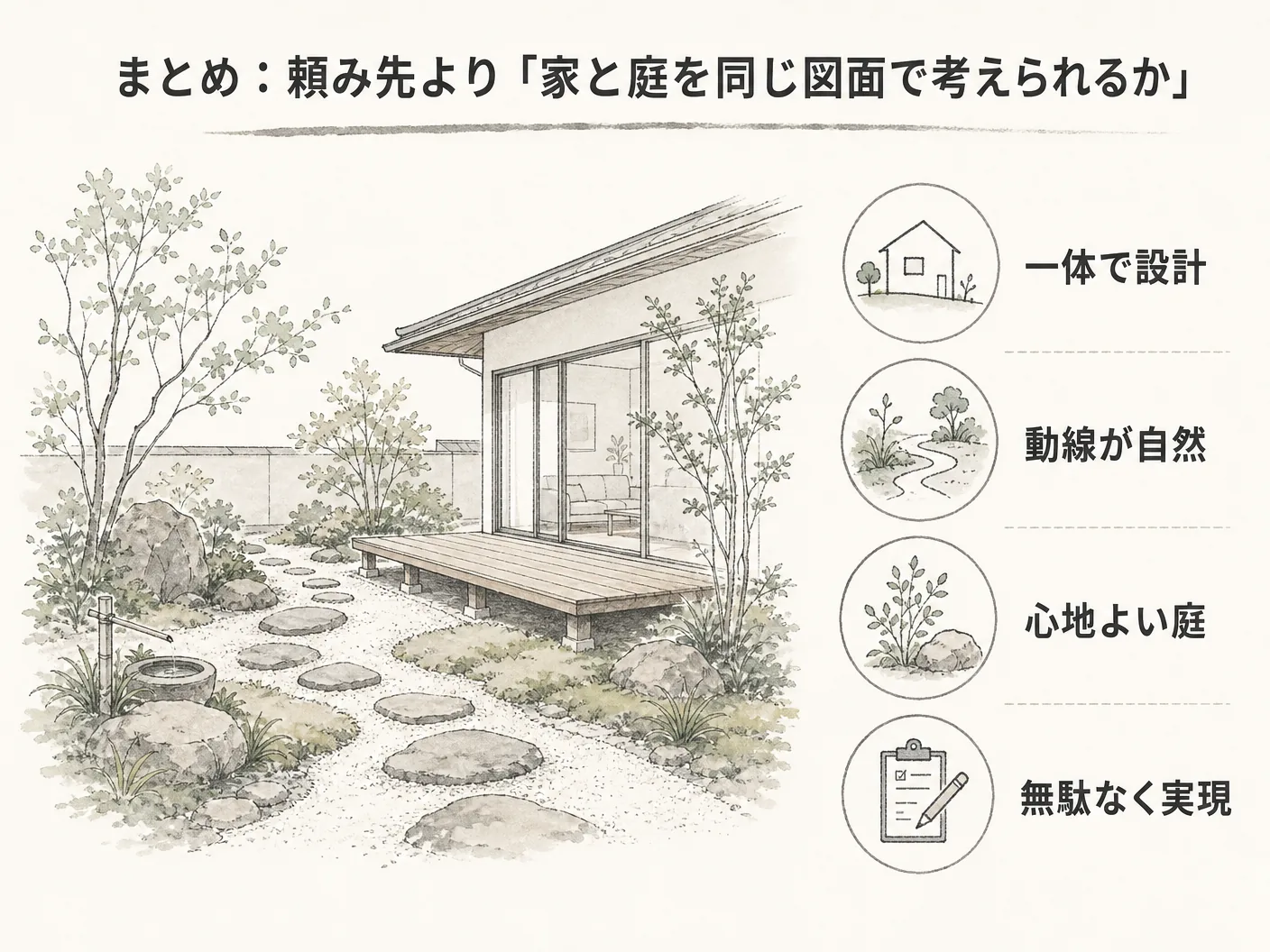新築 外構 別業者のまとめ:頼み先より「家と庭を同じ図面で考えられるか」を表す図解イラスト