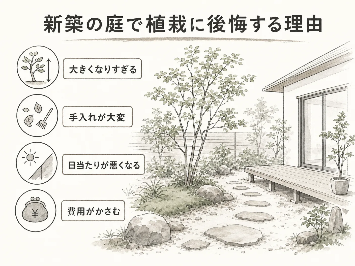 新築の庭で植栽に後悔する人が多い理由を表す図解イラスト