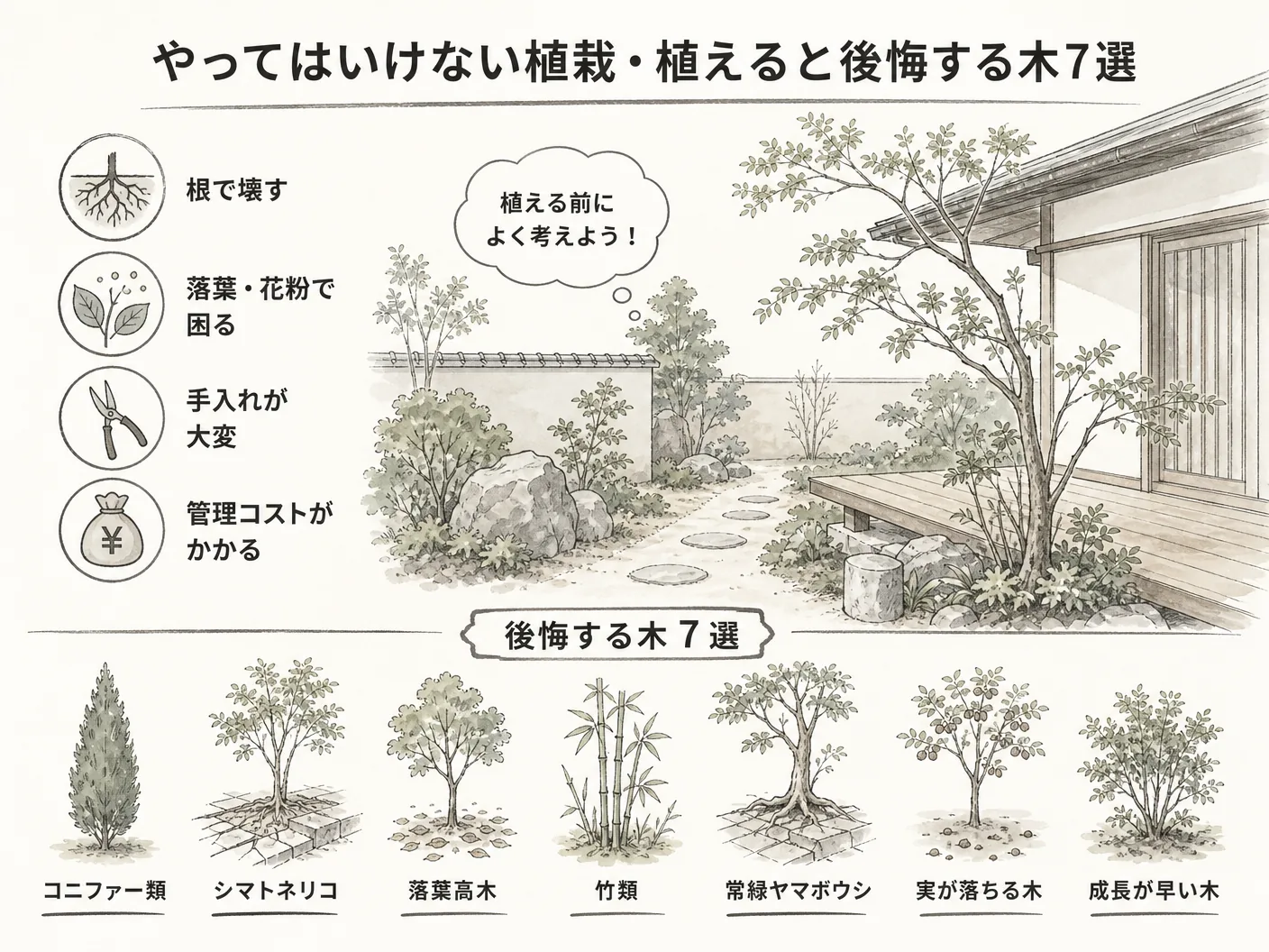 新築 庭のやってはいけない植栽・植えると後悔する木7選を表す図解イラスト
