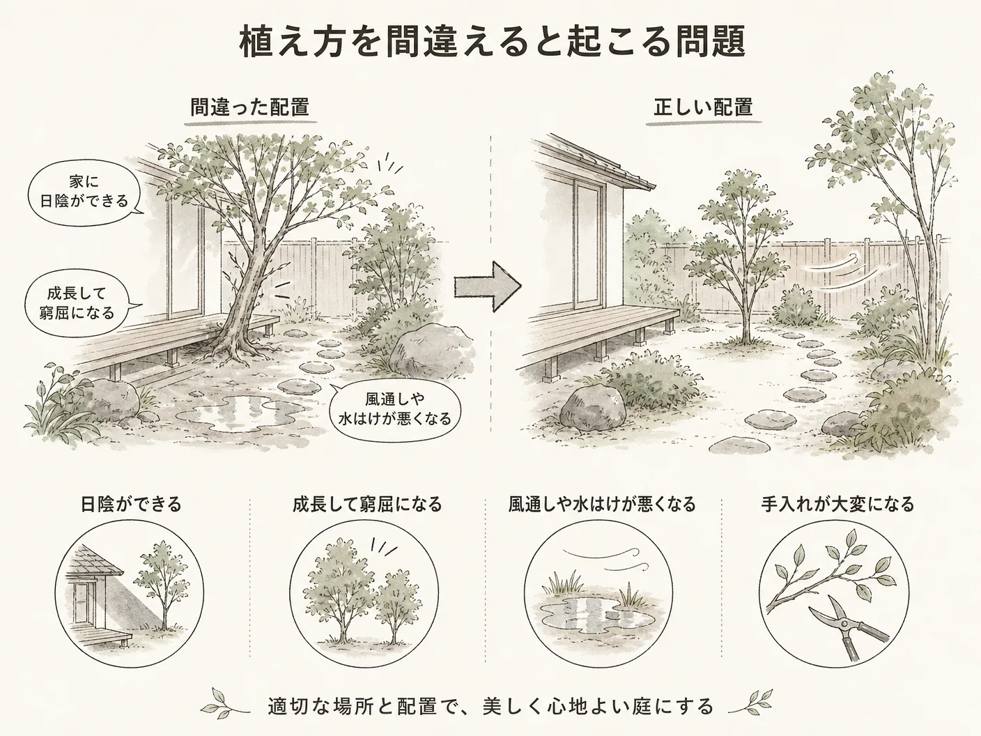 新築 庭 植栽 後悔の植える場所と配置を間違えると起こる問題を表す図解イラスト