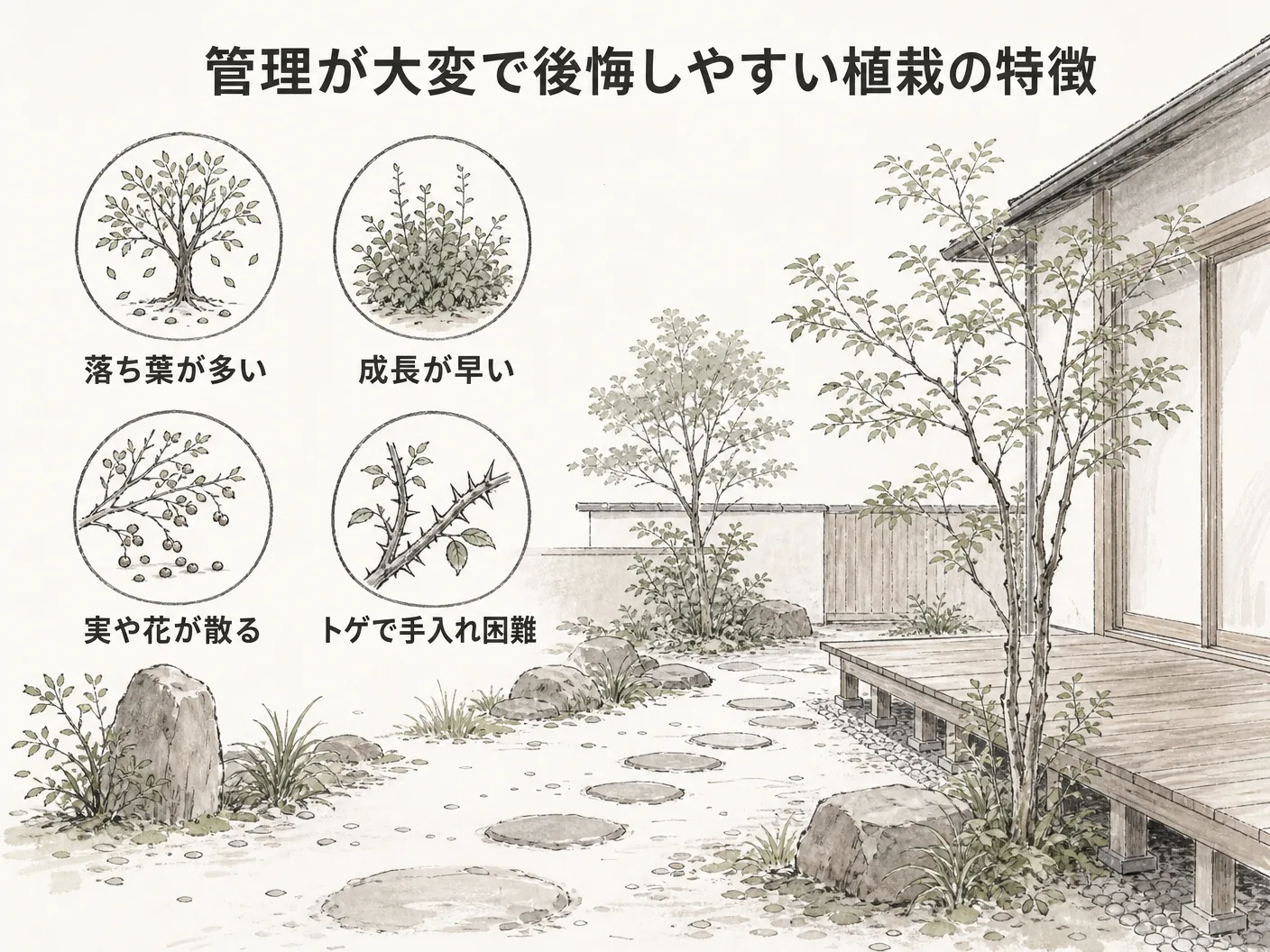 新築 庭の管理が大変で後悔しやすい植栽の特徴を表す図解イラスト