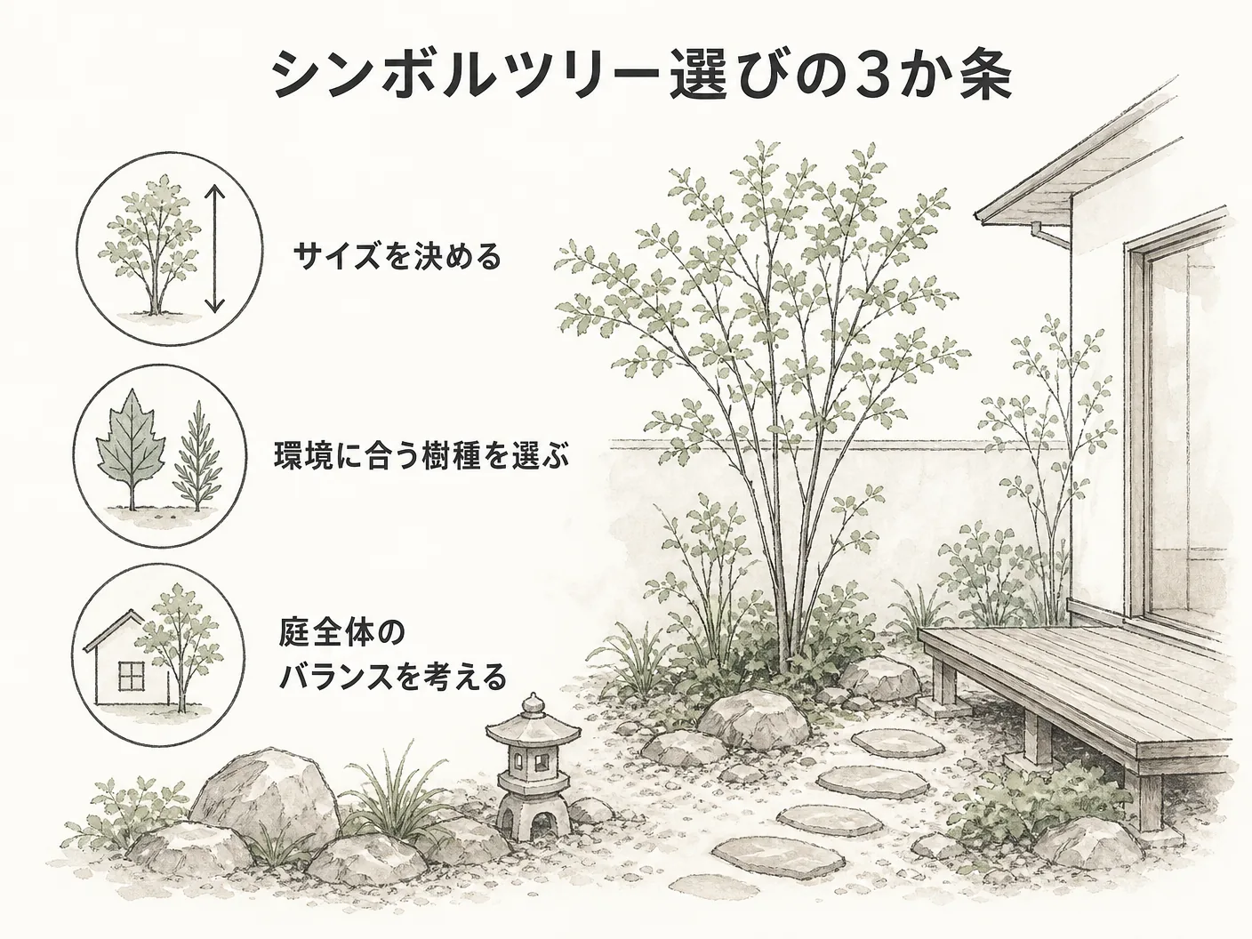 新築 庭 植栽の後悔しないシンボルツリーの選び方3つのポイントを表す図解イラスト