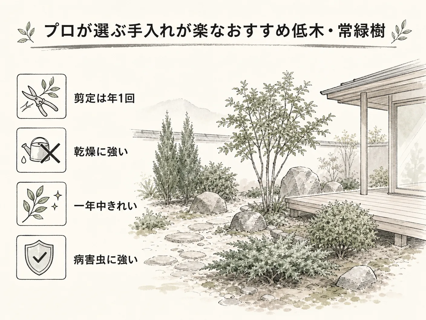 新築 庭 植栽 後悔のプロが選ぶ手入れが楽なおすすめ低木・常緑樹を表す図解イラスト