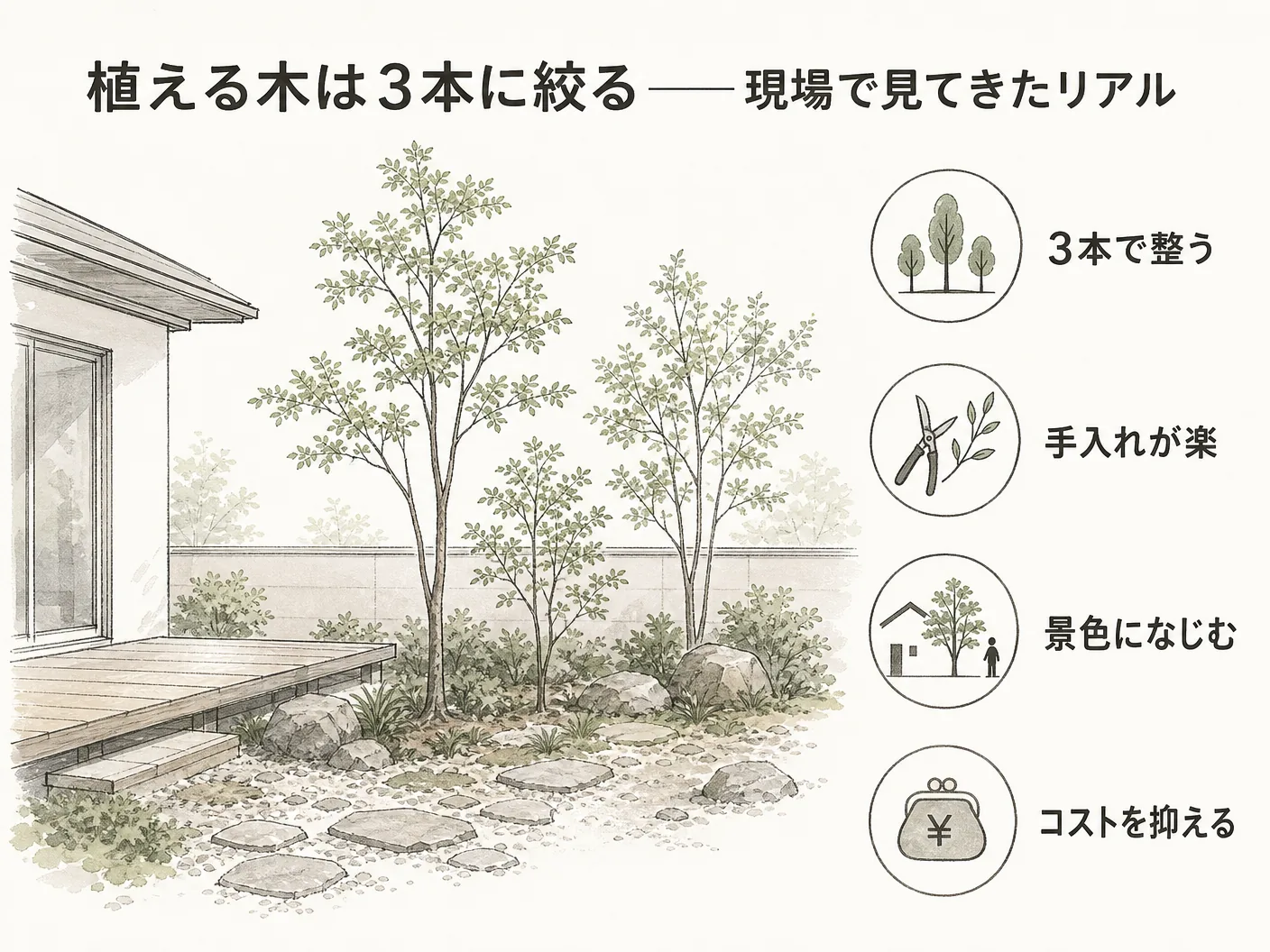 新築 庭 植栽 後悔の植える木は3本に絞る——現場で見てきたリアルを表す図解イラスト