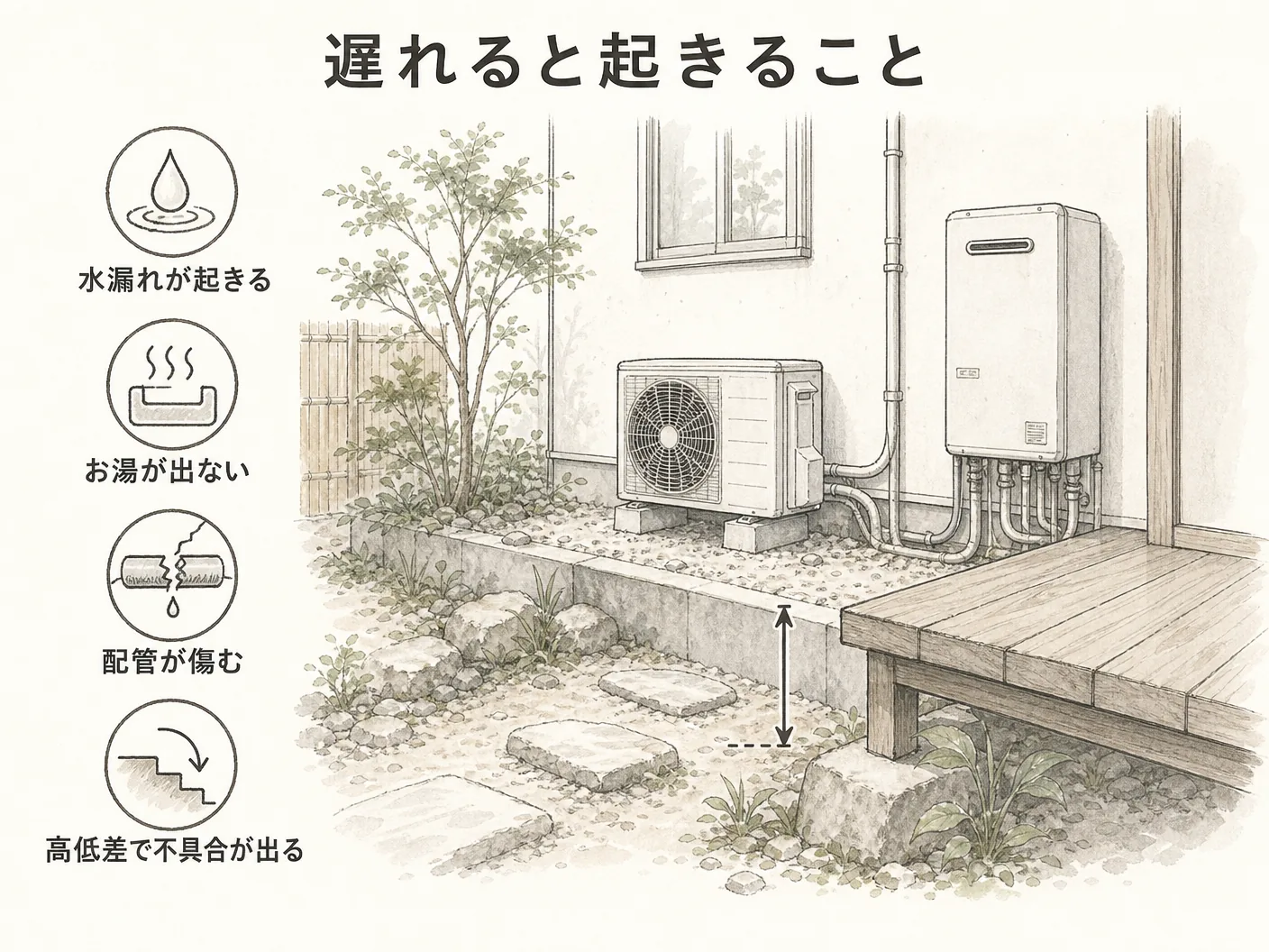 新築 外構 タイミングの遅れると起きること（室外機・給湯器・配管・高低差）を表す図解イラスト