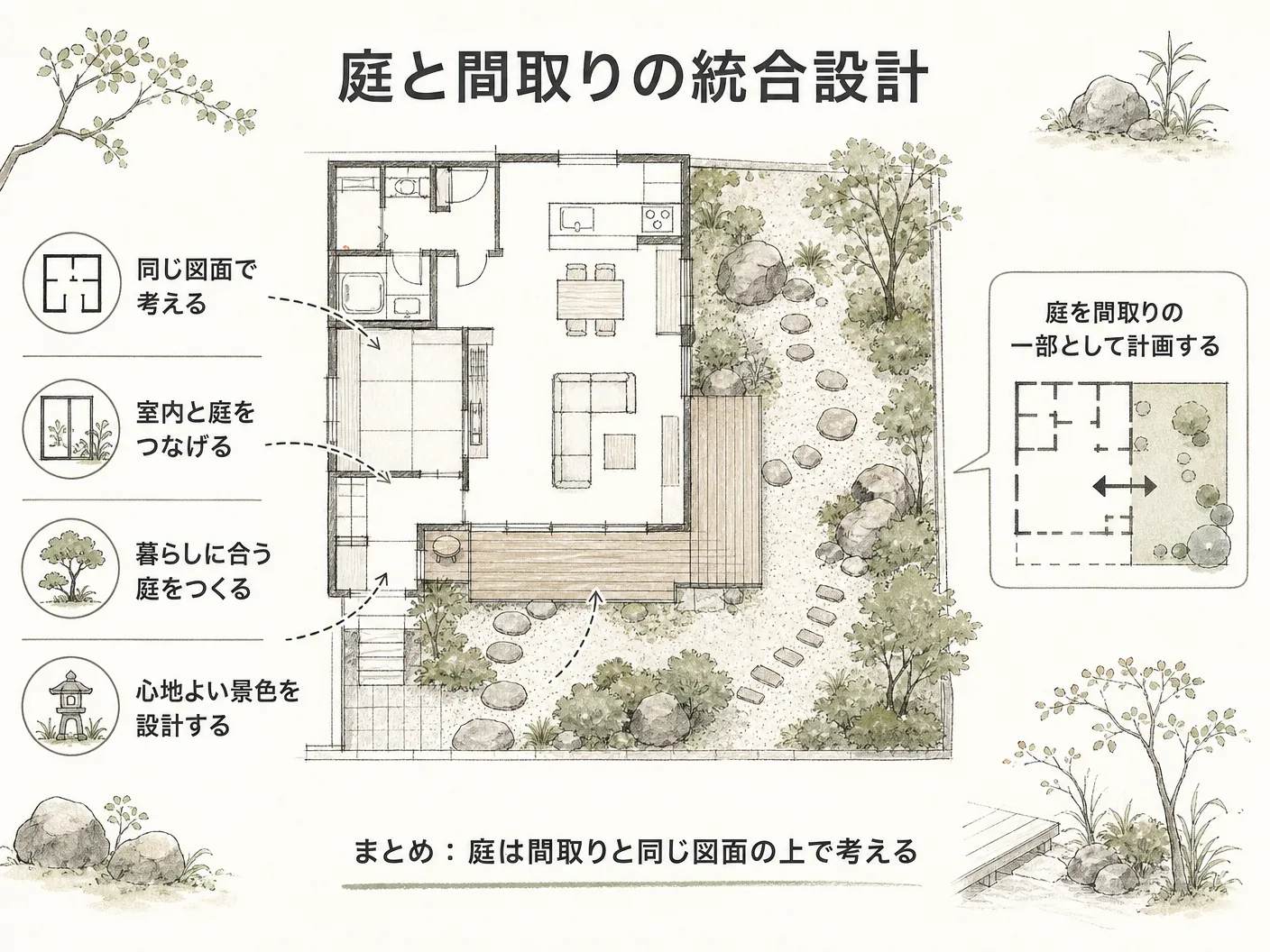 新築 外構 タイミングのまとめ：庭は間取りと同じ図面の上で考えるを表す図解イラスト