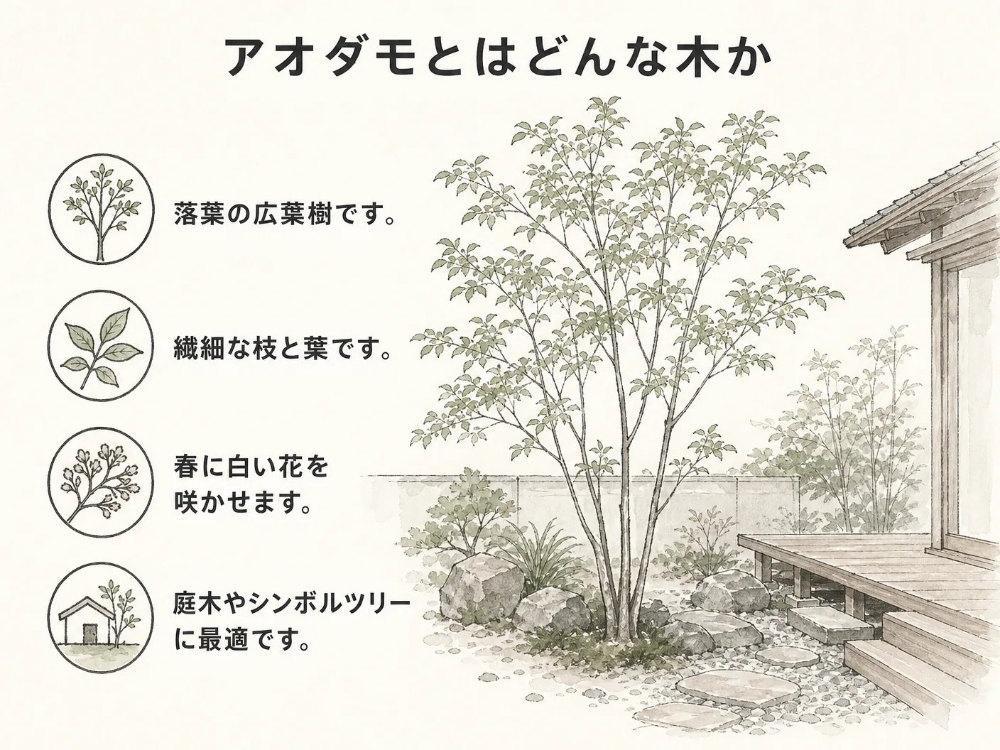 庭木 デメリットのアオダモとはどんな木かを表す図解イラスト