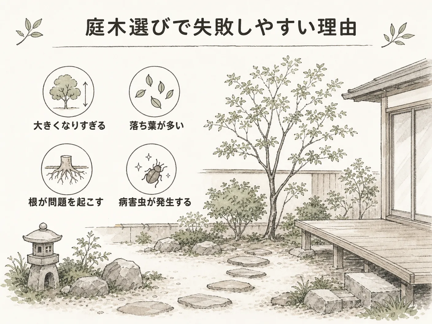 アオダモ デメリットの庭木にして後悔しやすい5つの理由を表す図解イラスト