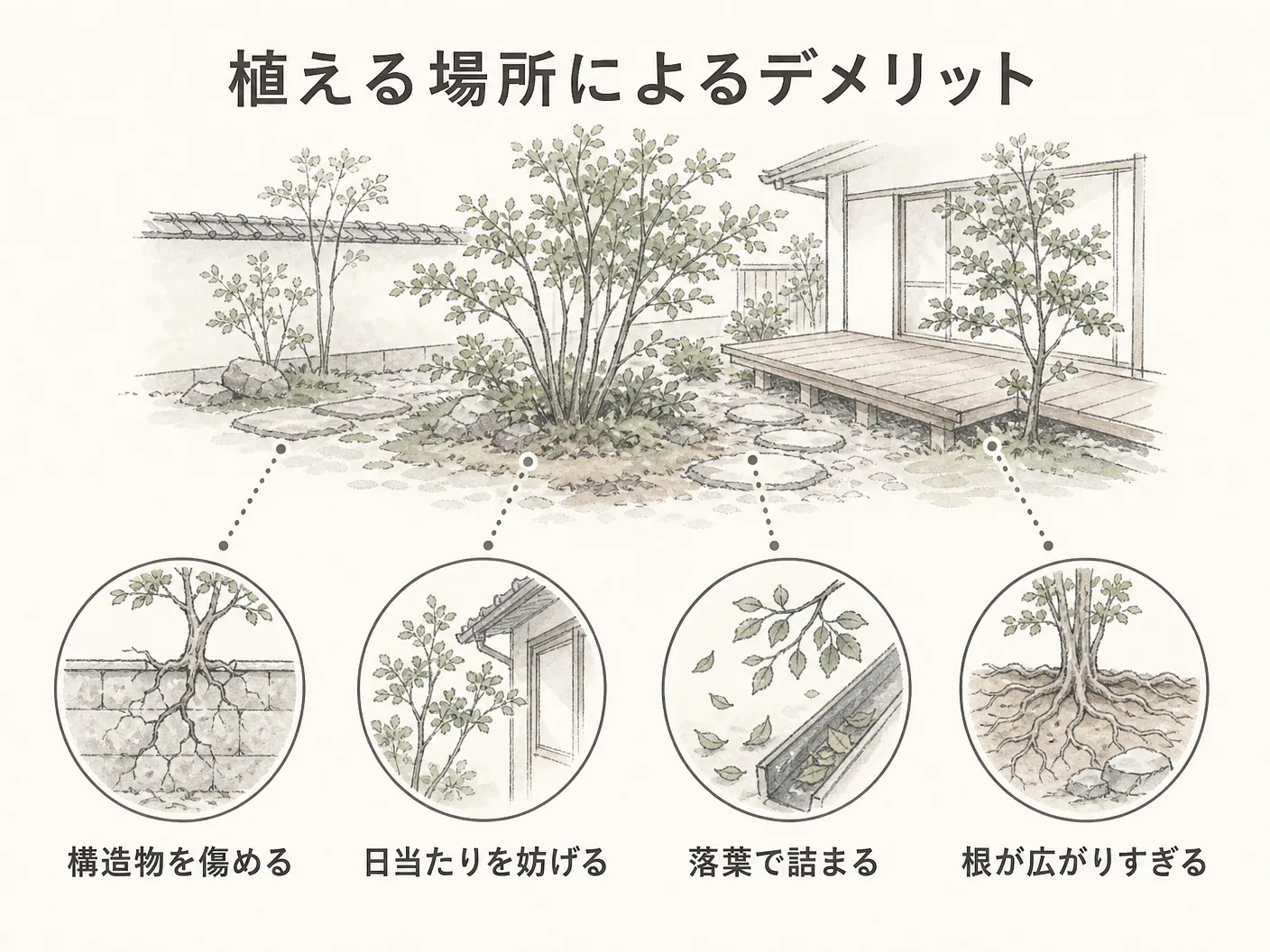 アオダモ 庭木のデメリットの大半は植える場所で決まるを表す図解イラスト