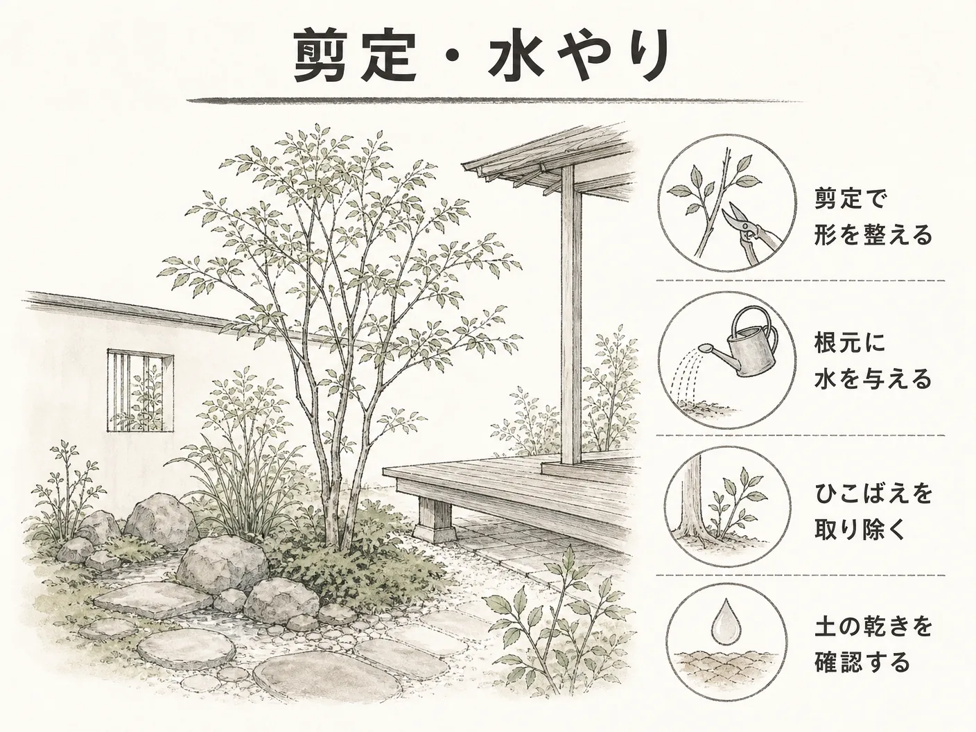 アオダモ 庭木 デメリットの剪定・水やり・ひこばえの手入れを表す図解イラスト