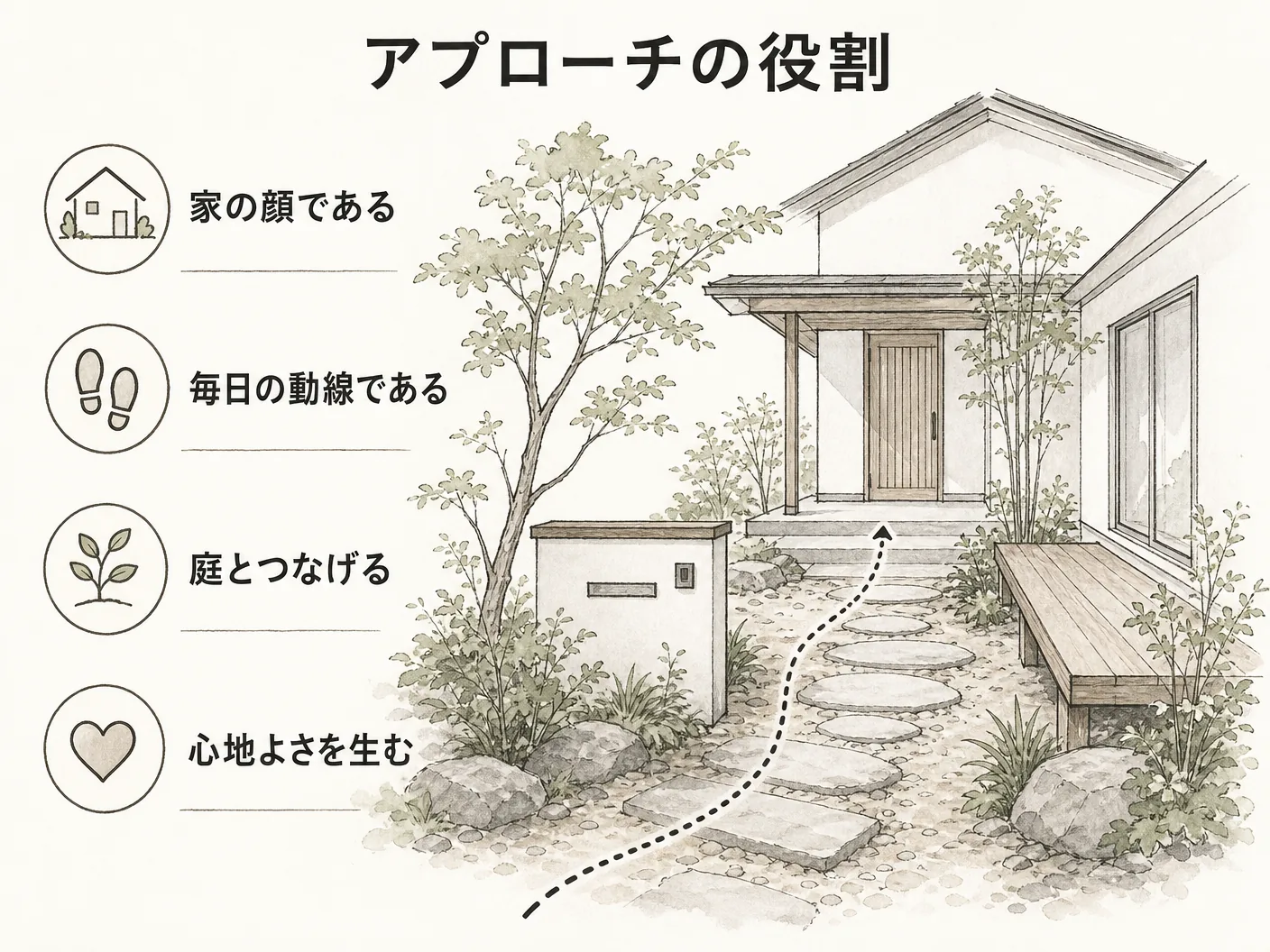 自然石のアプローチの役割——家の顔であり、毎日の動線であるを表す図解イラスト