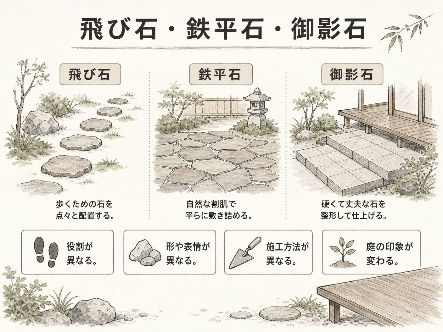 アプローチ 自然石の飛び石・鉄平石・御影石、何が違うのかを表す図解イラスト