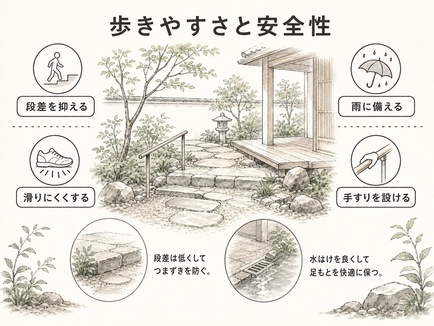 アプローチ 自然石の歩きやすさと安全性——段差と雨の日の足もとを考えるを表す図解イラスト