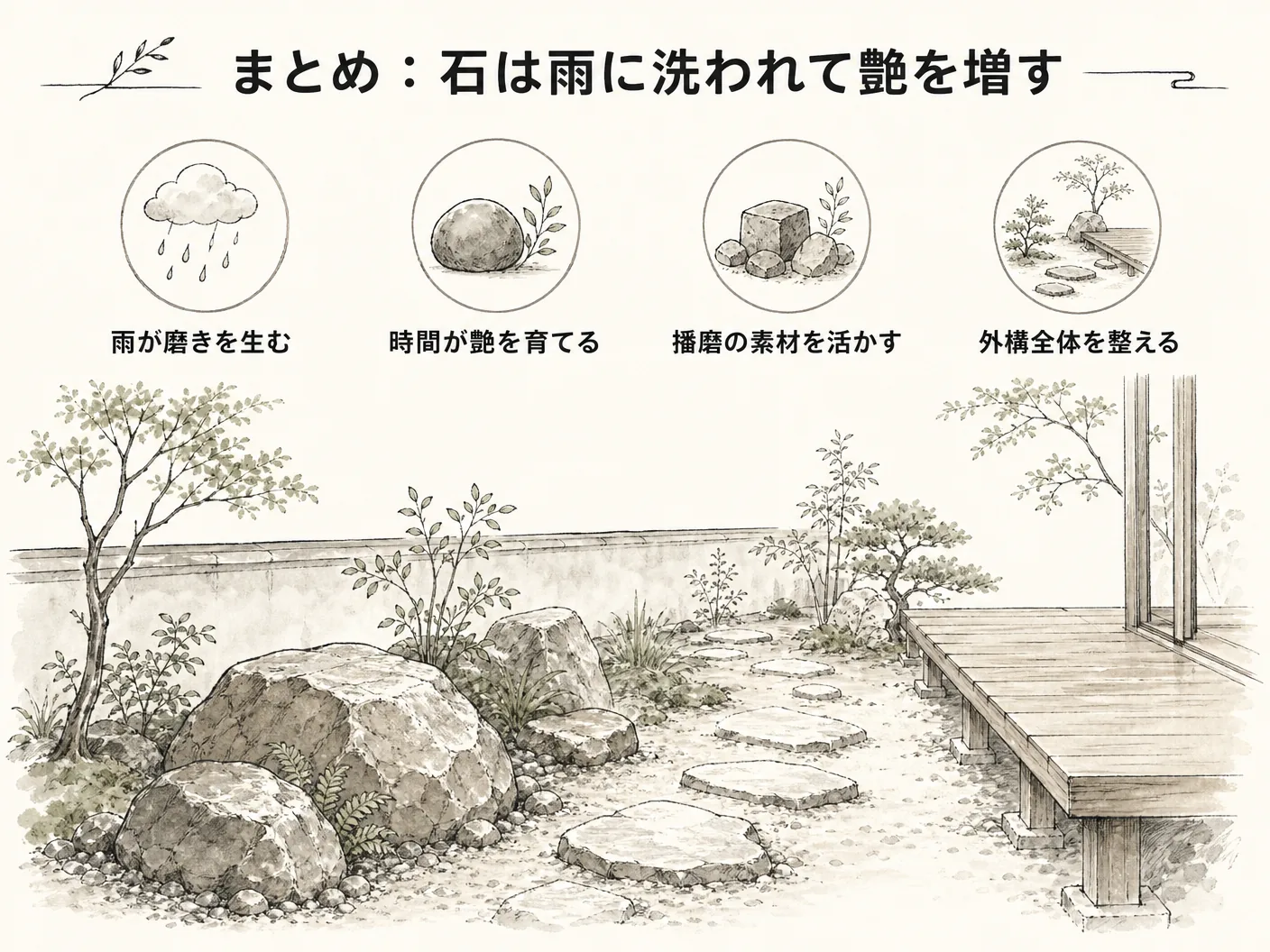 自然石のまとめ:石は雨に洗われて艶を増す——時間が育てるアプローチと播磨の素材を表す図解イラスト