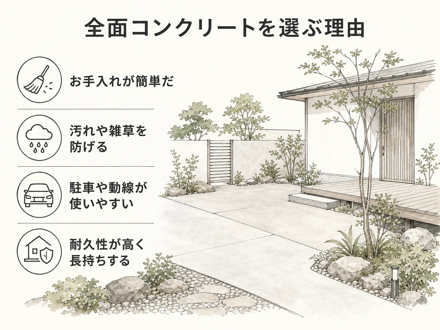 外構 後悔の全面コンクリートを選ぶ理由を表す図解イラスト