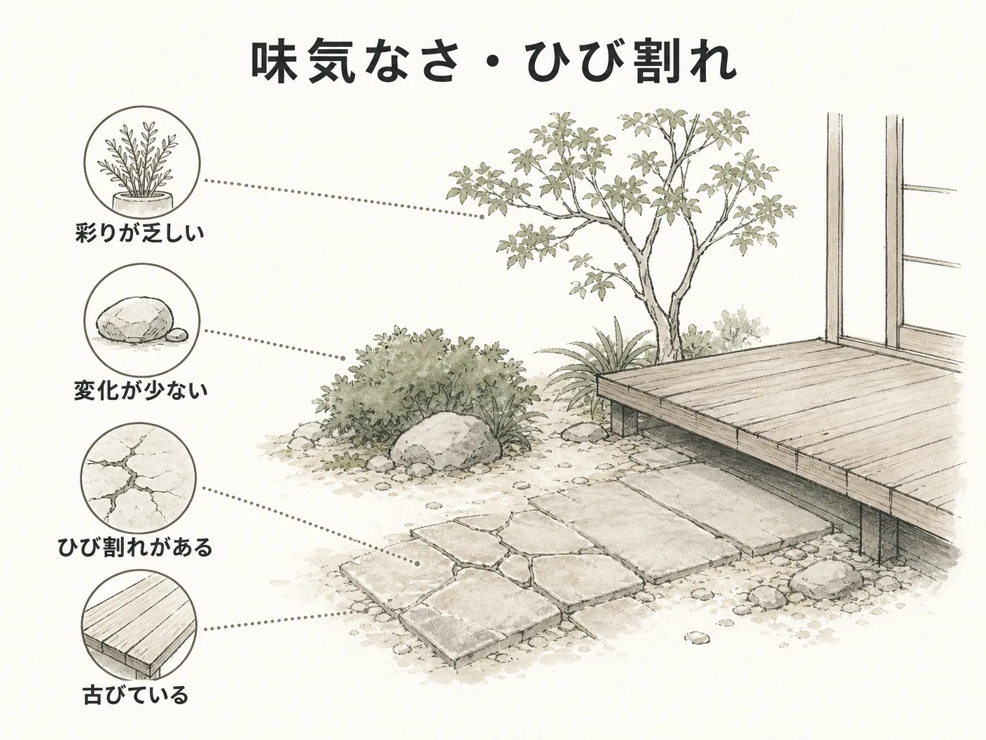 外構 コンクリート 後悔の味気なさ・ひび割れを表す図解イラスト