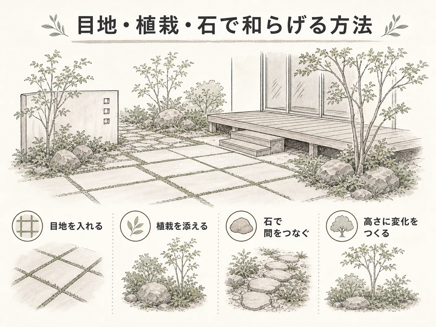 外構 コンクリート 後悔の目地・植栽・石で和らげる方法を表す図解イラスト