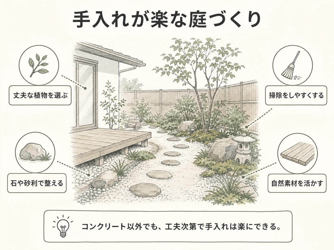 外構 後悔の手入れが楽な庭はコンクリートとは限らないを表す図解イラスト