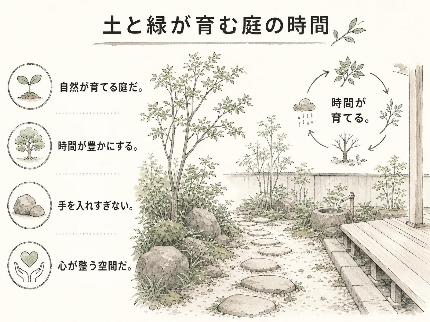 外構 コンクリート 後悔のまとめ:土と緑を残した庭は時間が育てるを表す図解イラスト